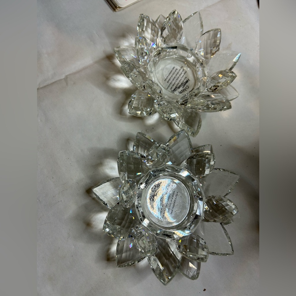 2 Crystal Candle Holder 3" Wide bottom 8" Wide Clear Glass Lotus Flower Petals